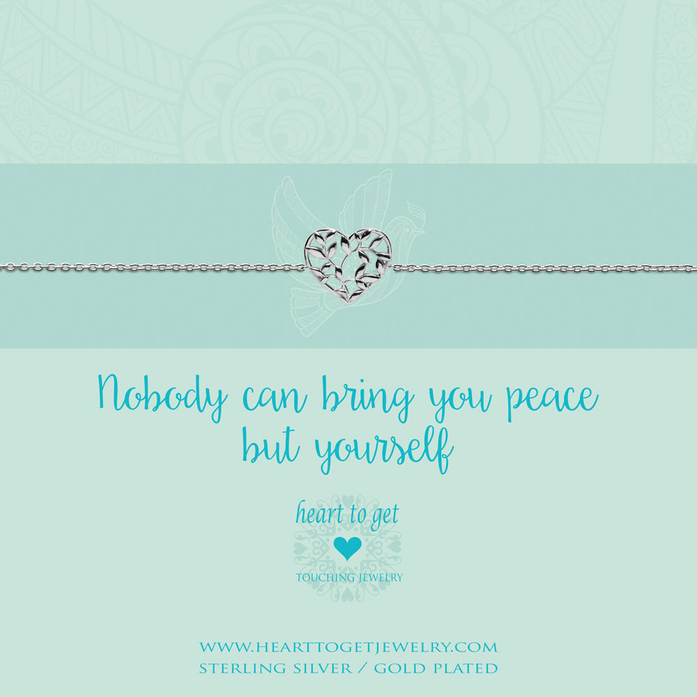 bracelet heart shape olive tree, 'Nobody can bring you peace but yourself', silver, gold plated or rose plated, €39,95-€49,95, Love for Charity collection, Heart to Get Jewelry